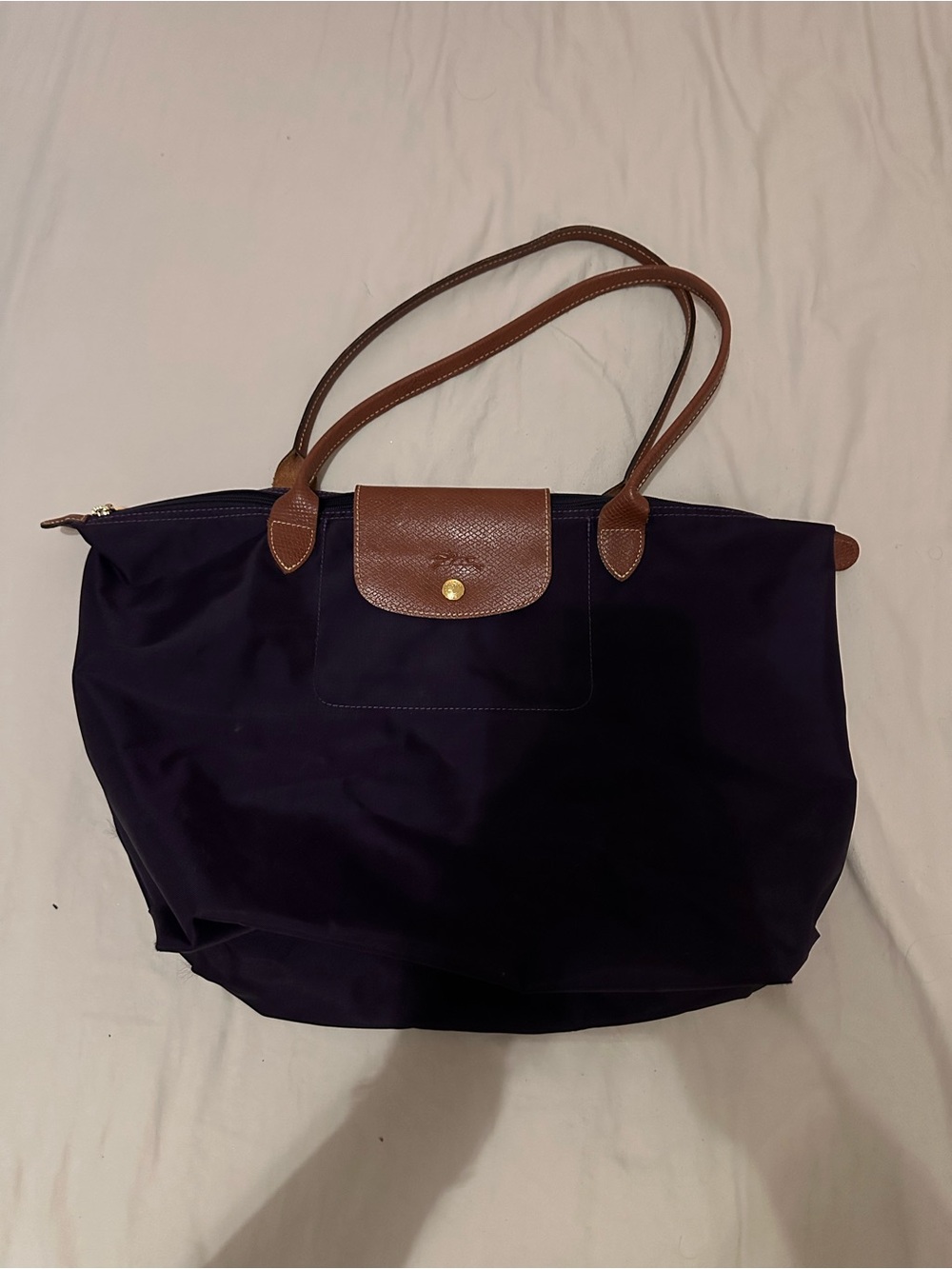Longchamp Navy Tote with Brown Leather Trim and Handles